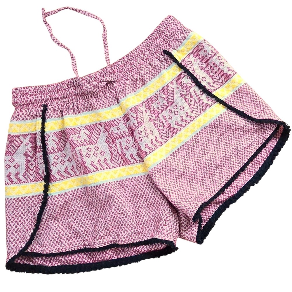 $190 PEARL & CAVIAR woven DOVE shorty shorts red yellow M luxury holiday style